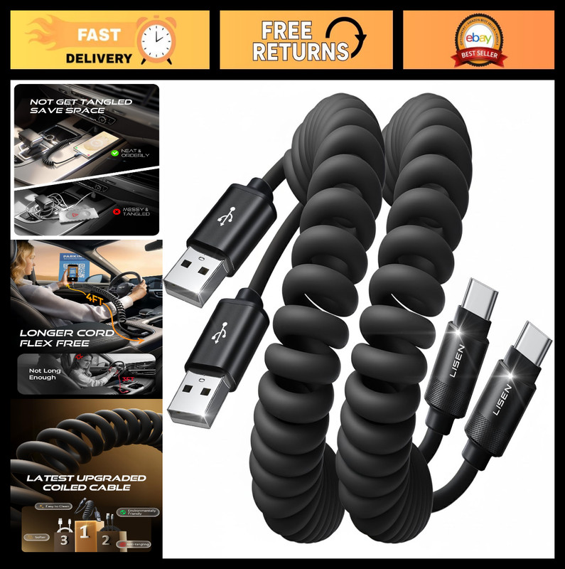 Coiled USB C Cable 2 Pack for Android Auto & CarPlay, Short USB A to C, 4FT, Gif