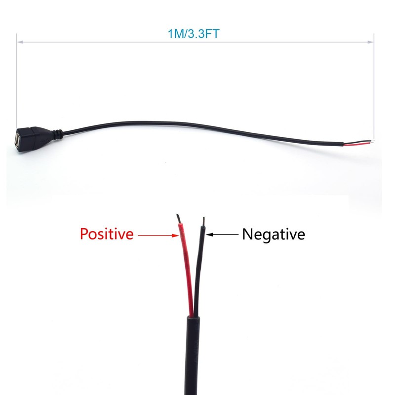 3 Pack 20AWG USB 2.0 A Female Jack Connector 1M 2 Pin Power Cable 5V 5A gallery
