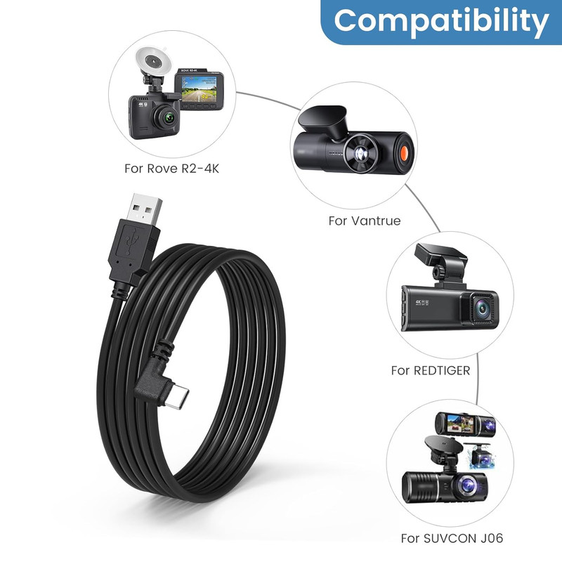 Weishan USB C Dash Cam Power Cord, USB to 90-Degree USB-C Charging Cable for Das gallery