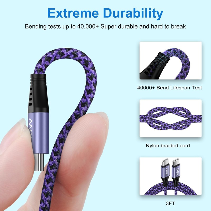 USB C to C Cable 240W Samsung Fast Charger 3 ft Car 3 feet, Purple gallery
