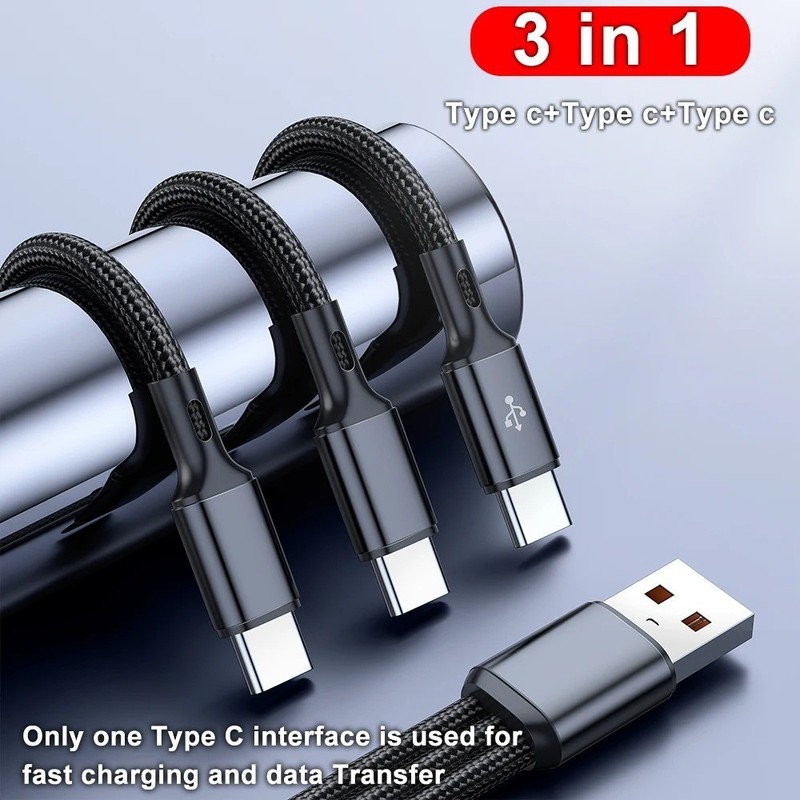 3 in 1 USB to USB C Fast Charging Cable 100W Braided Data Cord for Samsung gallery