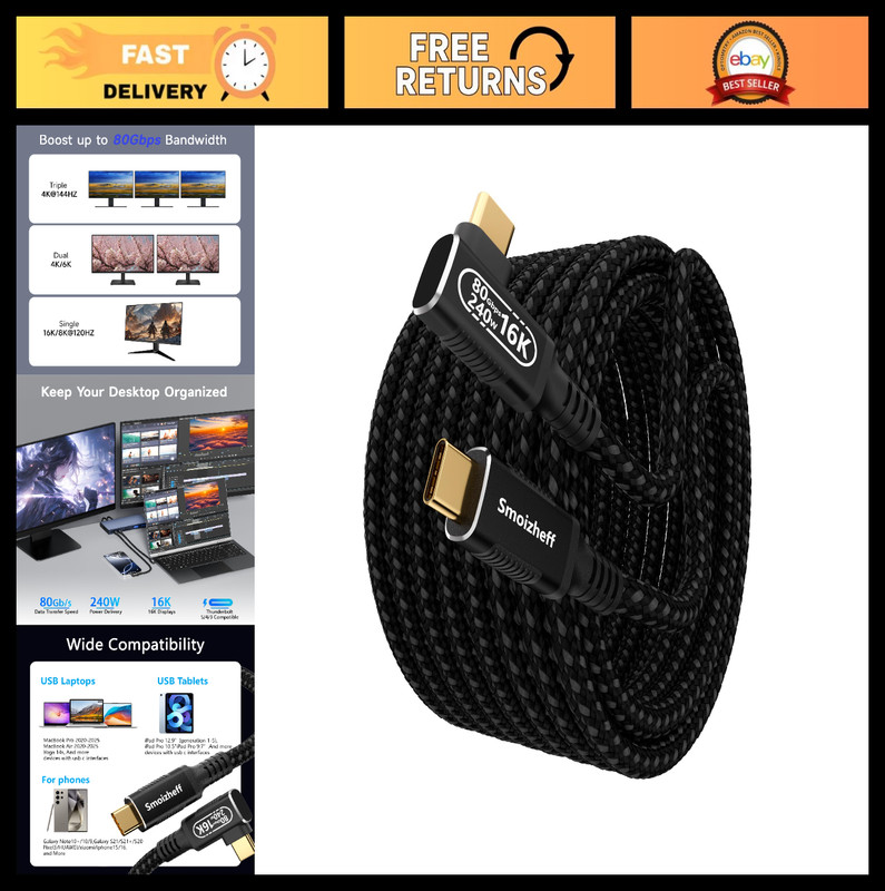10ft USB5 Cable 90° Right Angle, Nylon Braided, 80Gbps Data, 8K/16K Video, 240W