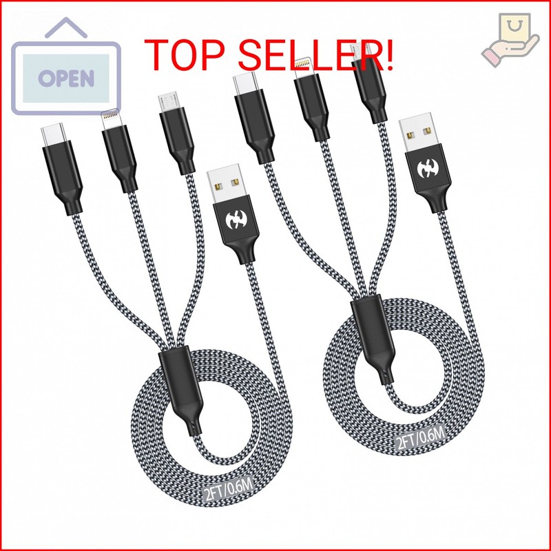 Multi Charging Cable 2ft 2Pack 3 in 1 Charger Cord, Short Multiple Rapid Nylon B