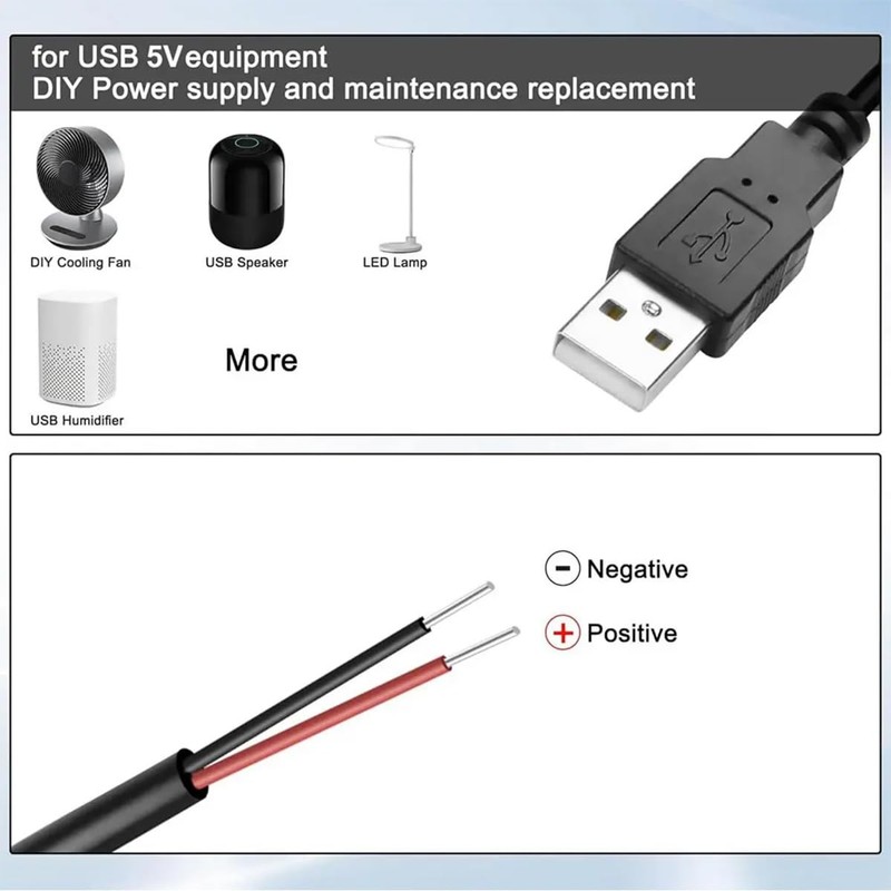 5Pcs 3.2Ft 22AWG USB 2.0 2Pin Pigtail Cable, 3A 5V USB A 2 Core Bare Wire Ope... gallery