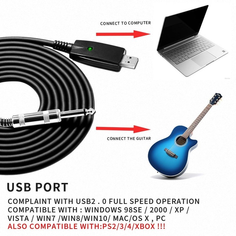 USB Guitar Cable 10FT 6.35mm Instrument Cable for Guitar, Bass, PC Recording gallery