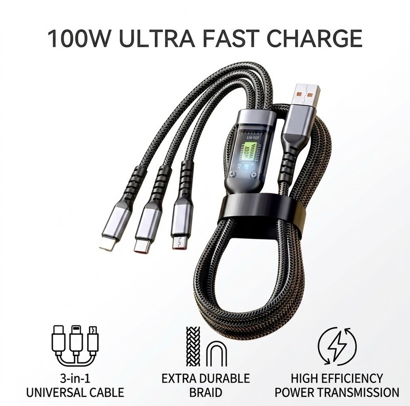 3 in 1 Fast Charging Cable USB C Micro 8-Pin 1.2M