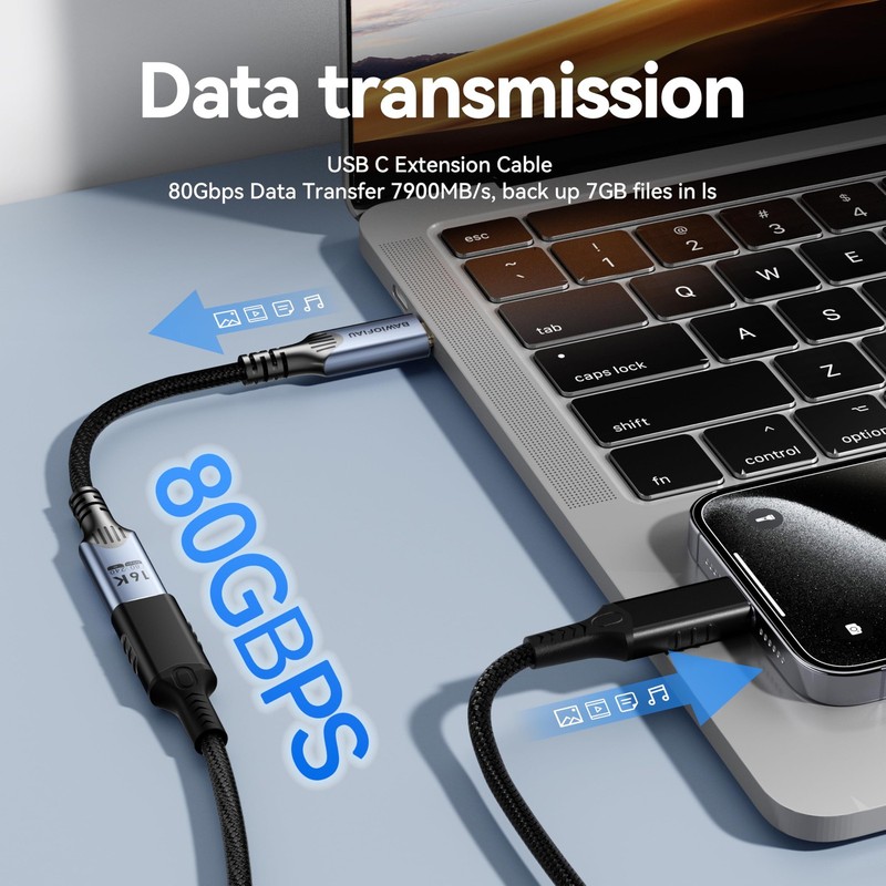 2 Ft 0.6M USB C To C Extension Cable 80Gbps 240W 5A Fast Charging 8K/16K gallery