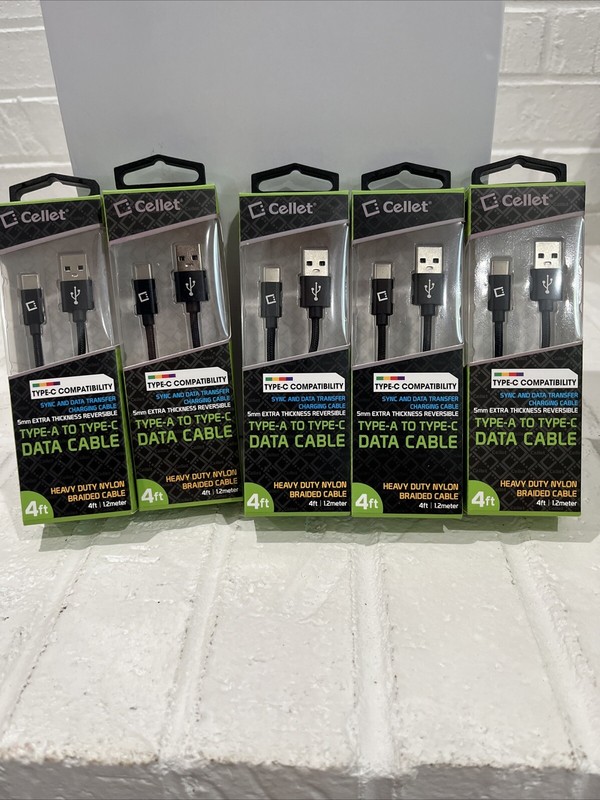 Lot Of 5 Cellut Type C Data Cable 4ft (1.2m) Braided USB Type C to Type A Data