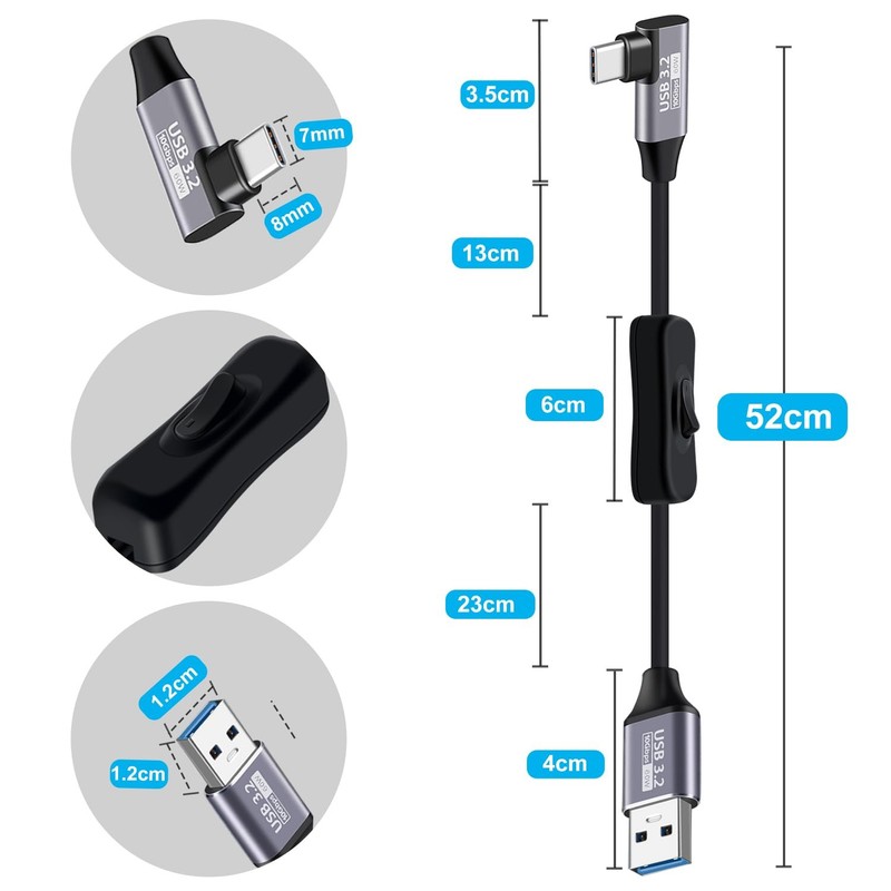 90 Degree USB C Cable Switch 3.2 Type C Fast Charging 60W 3A Black 2FT/0.6M gallery